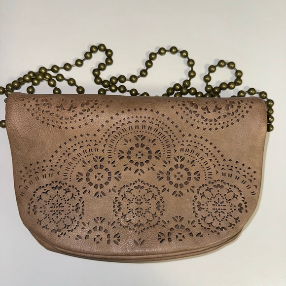 T-Shirt & Jeans Handbags - T-Shirt & Jeans Tan Laser Cut Crossbody Bag geometric ball chain strap purse
